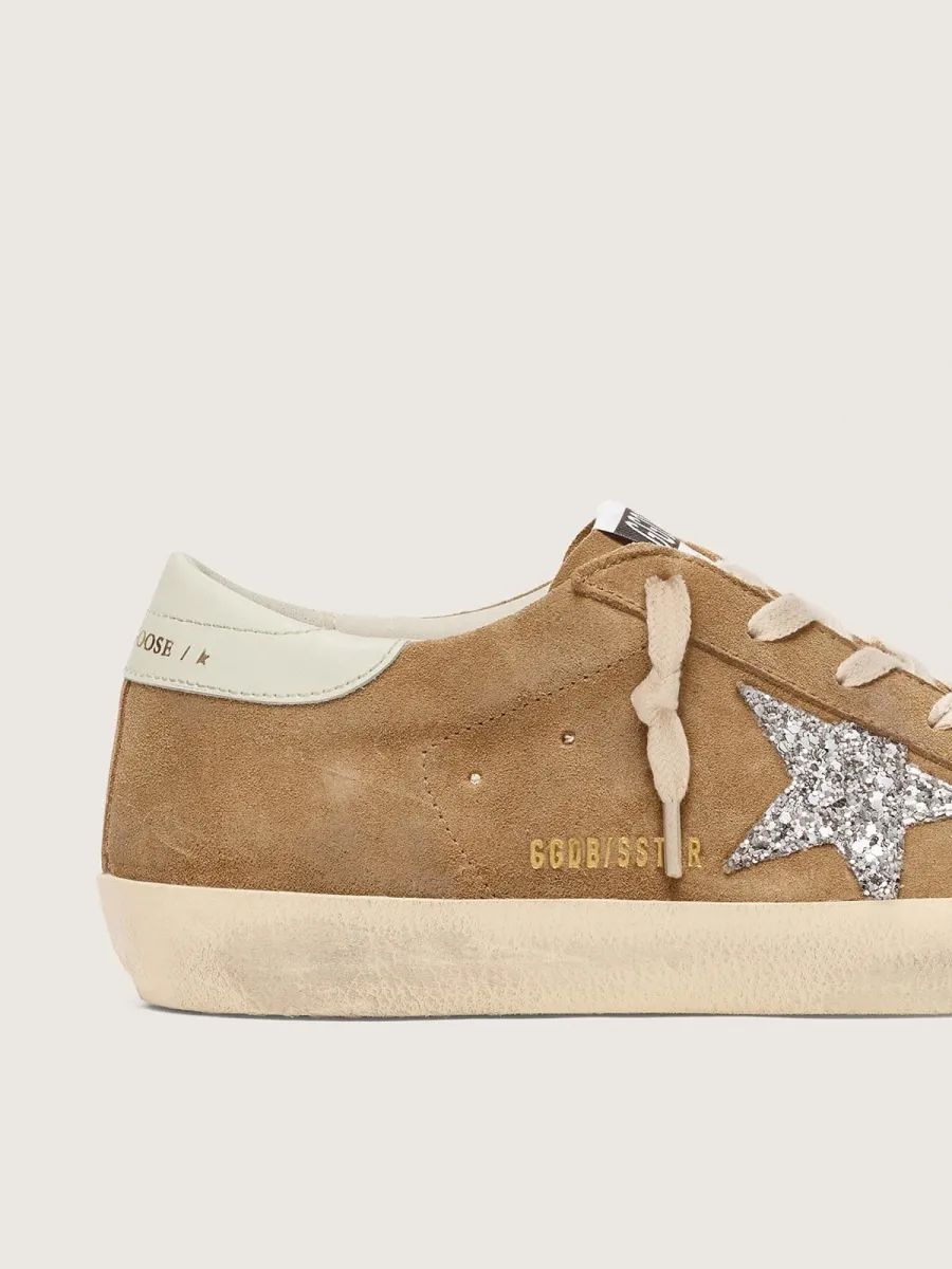 Super-Star donna in suede tabacco con stella glitter argento