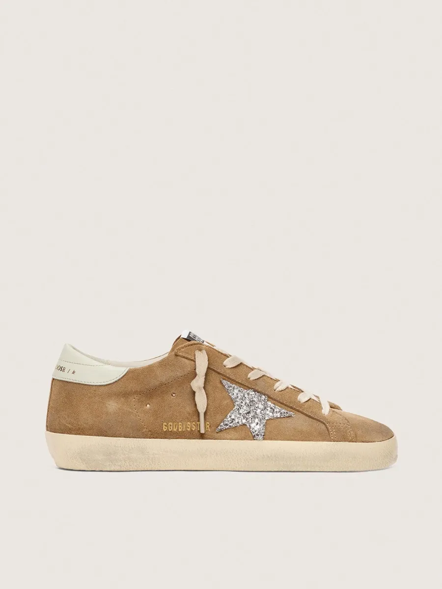 Super-Star donna in suede tabacco con stella glitter argento