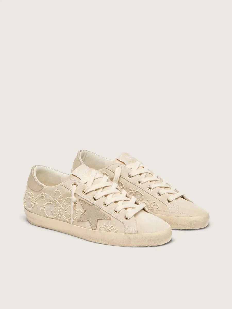 Super-Star LTD donna in suede color perla con stella oro e ricami in perline