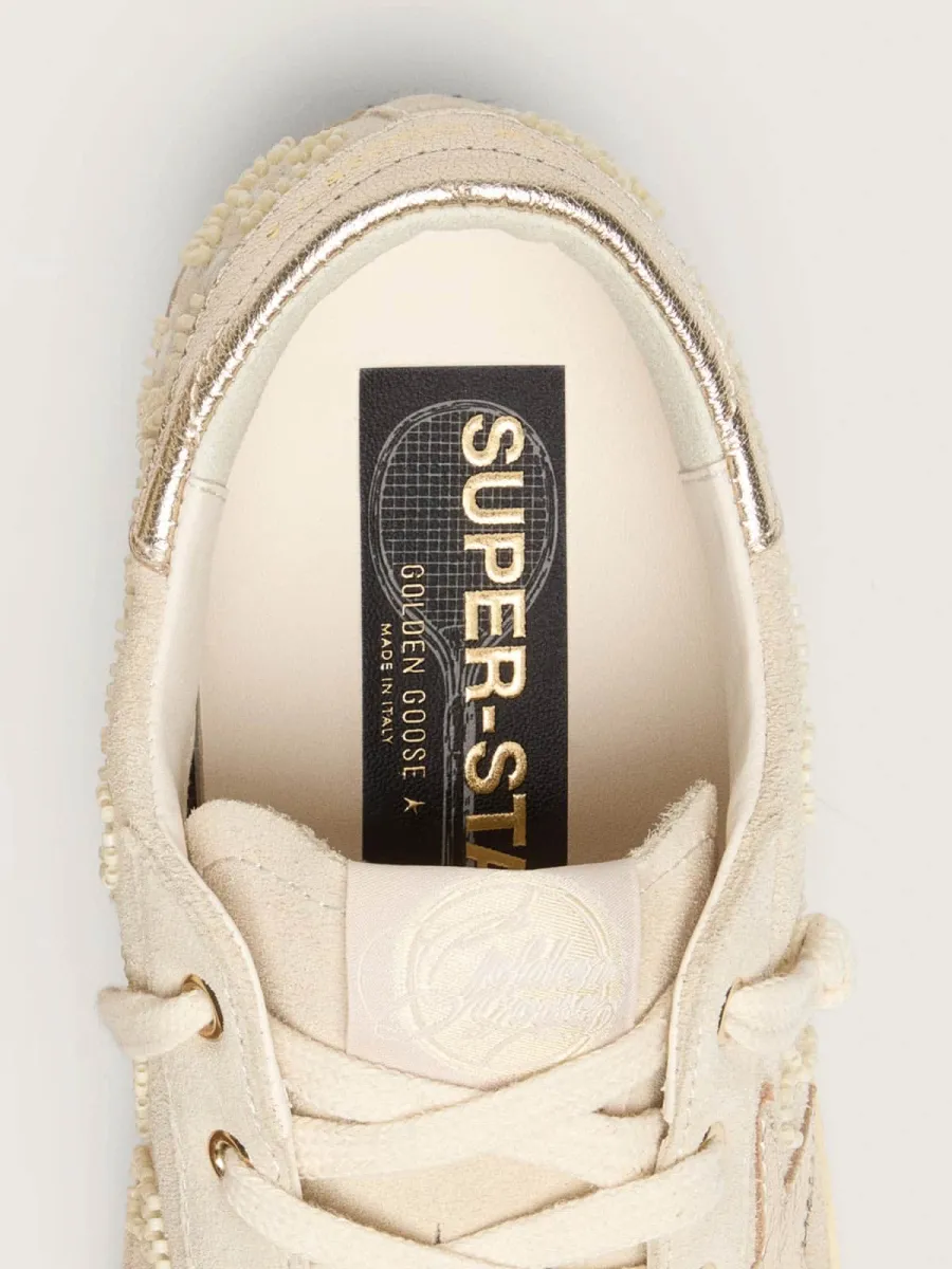 Super-Star LTD donna in suede color perla con stella oro e ricami in perline