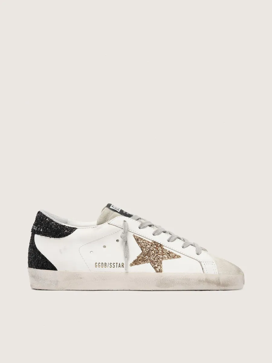 Super-Star Donna in nappa con stella in glitter oro e talloncino in glitter nero