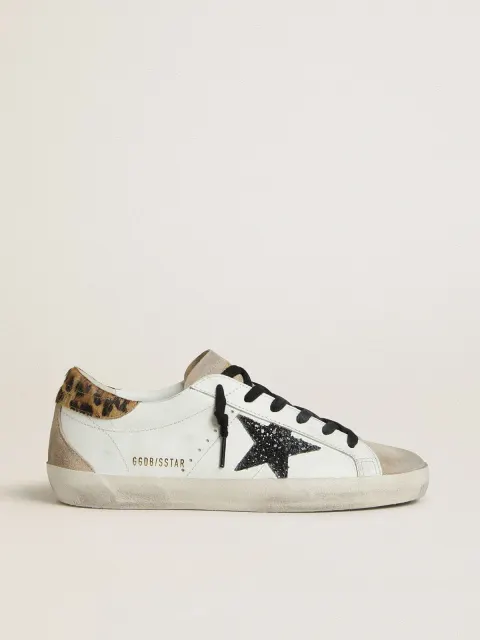 Super-Star Donna con stella in glitter neri e talloncino in cavallino leopardato