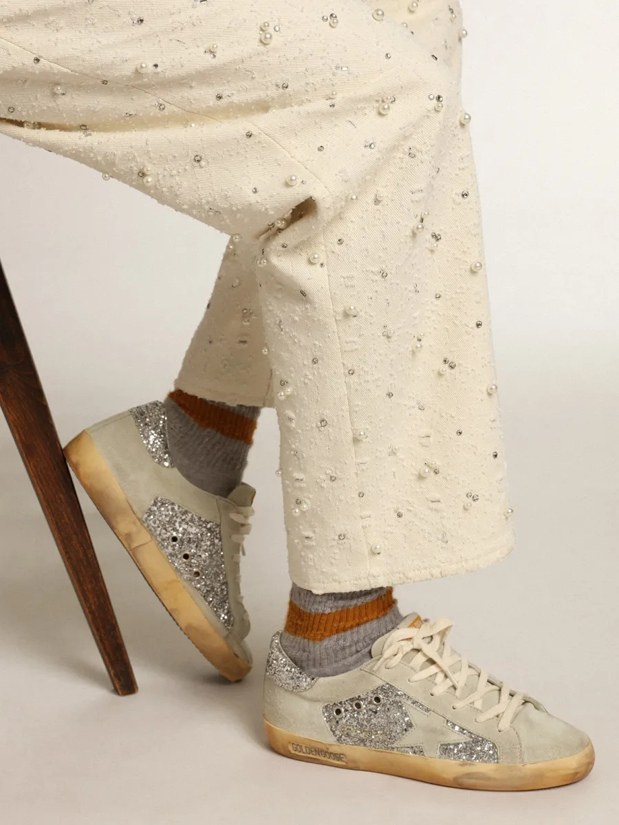 Super-Star Donna in glitter argento con stella e inserti ghiaccio