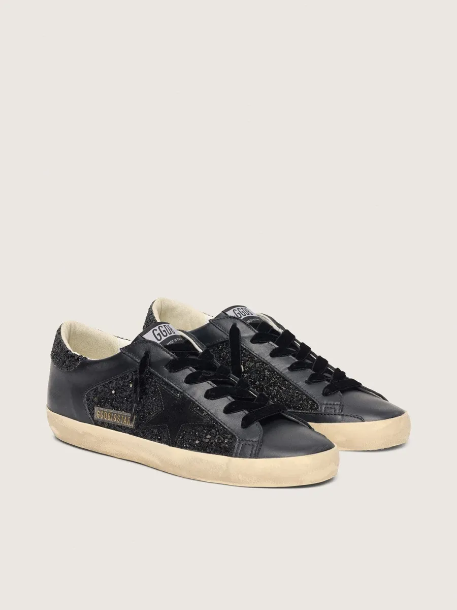 Super-Star Donna in glitter neri con stella in suede nero e inserti in pelle