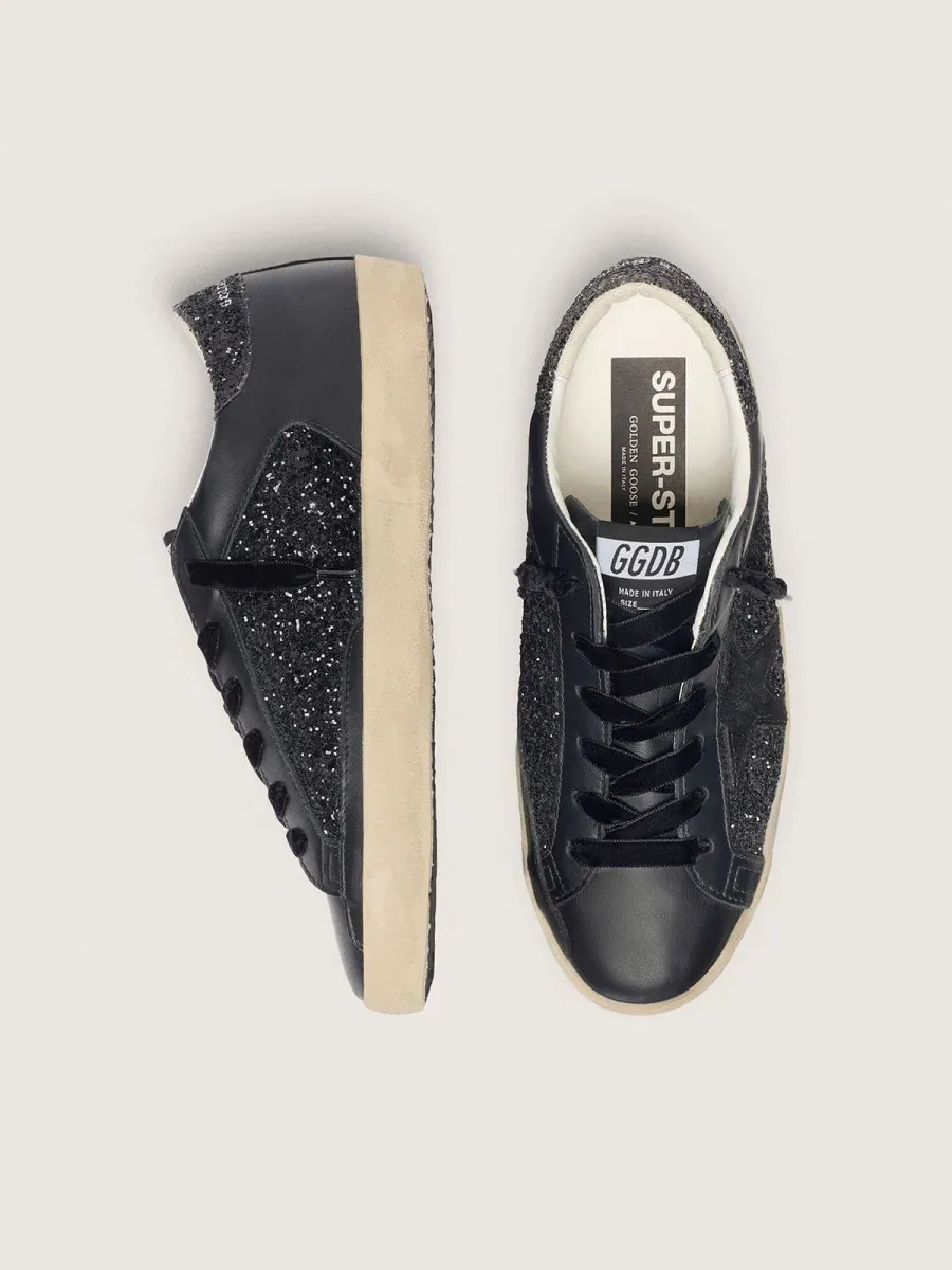 Super-Star Donna in glitter neri con stella in suede nero e inserti in pelle