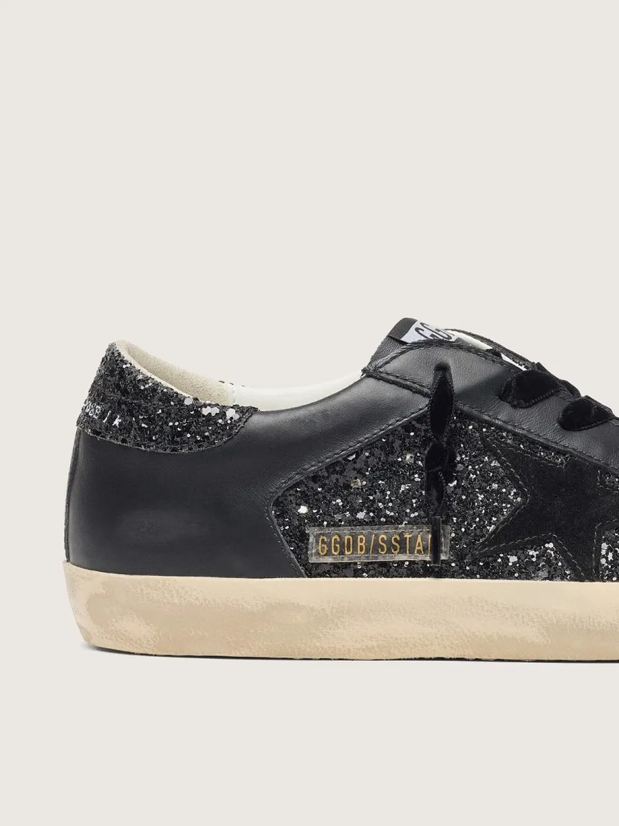 Super-Star Donna in glitter neri con stella in suede nero e inserti in pelle