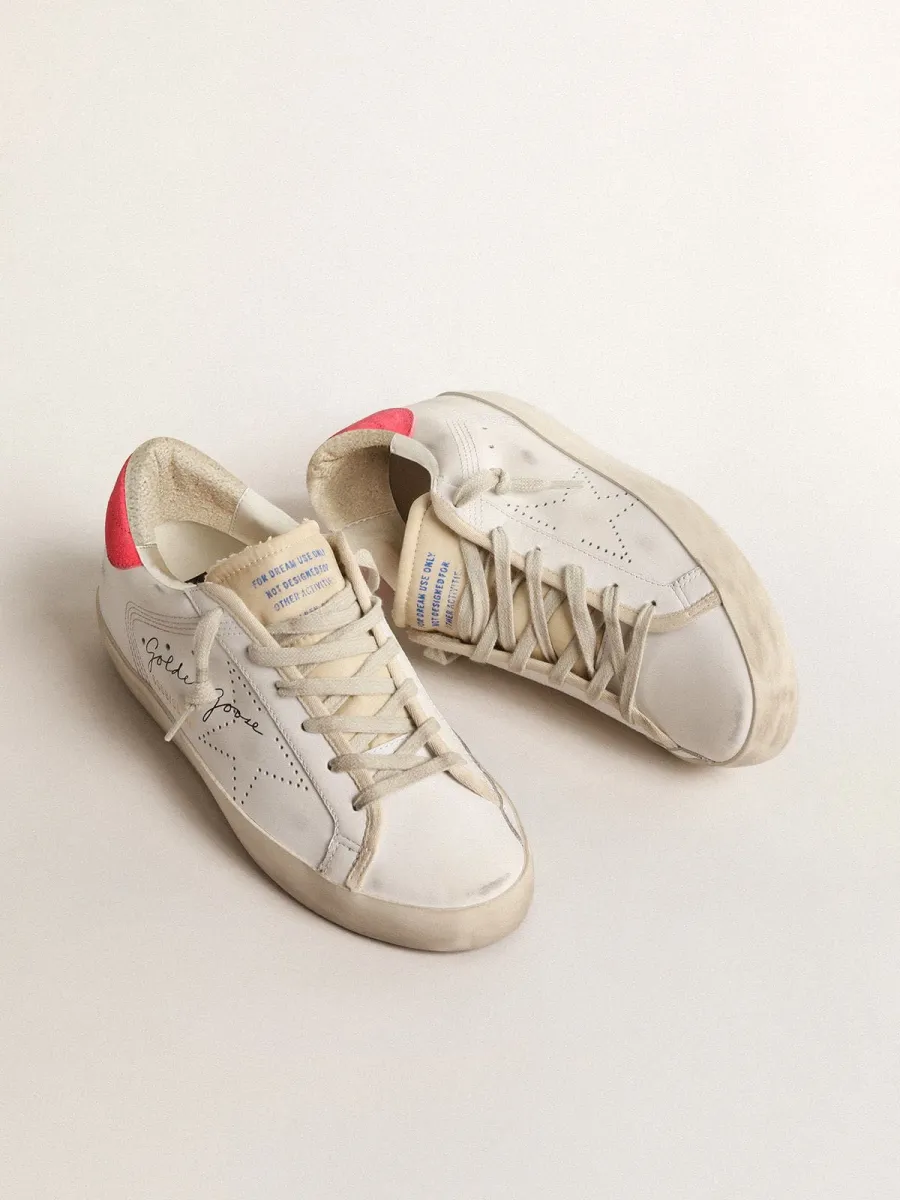 Super-Star Donna in pelle bianca con stella traforata e talloncino in nylon fucsia