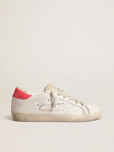 Super-Star Donna in pelle bianca con stella traforata e talloncino in nylon fucsia
