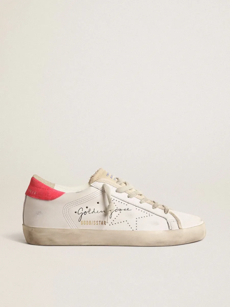 Super-Star Donna in pelle bianca con stella traforata e talloncino in nylon fucsia