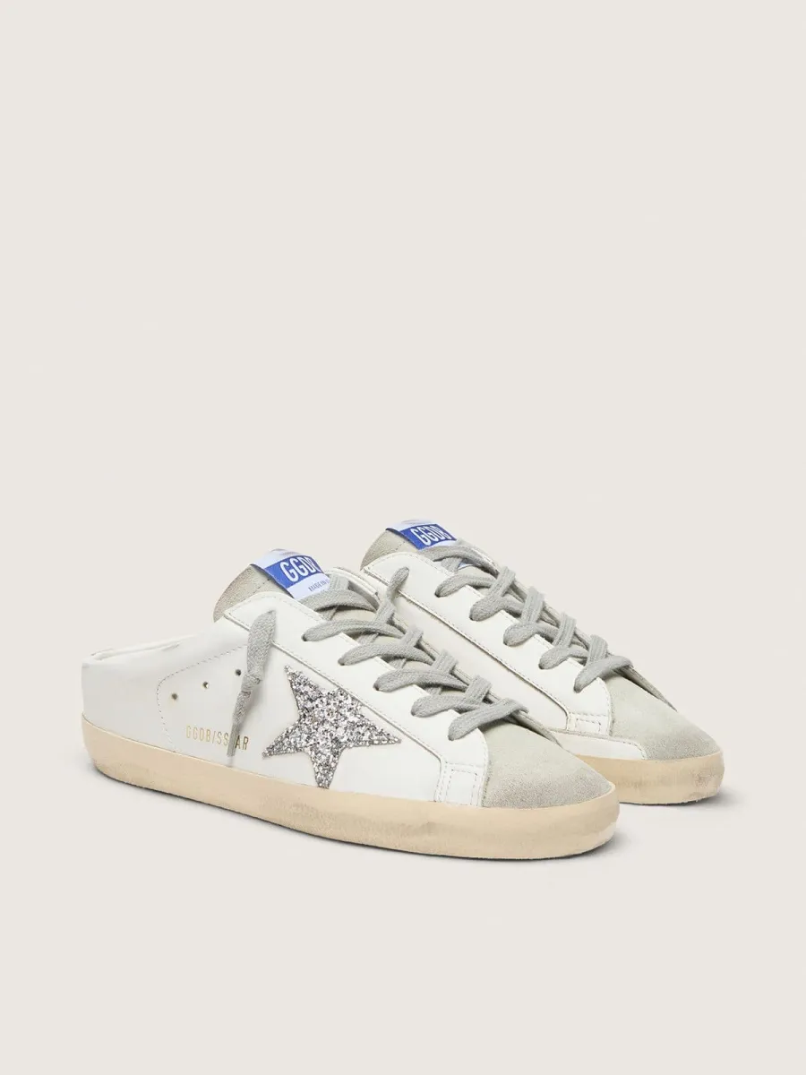 Super-Star Sabot con stella in glitter platino e linguetta in suede