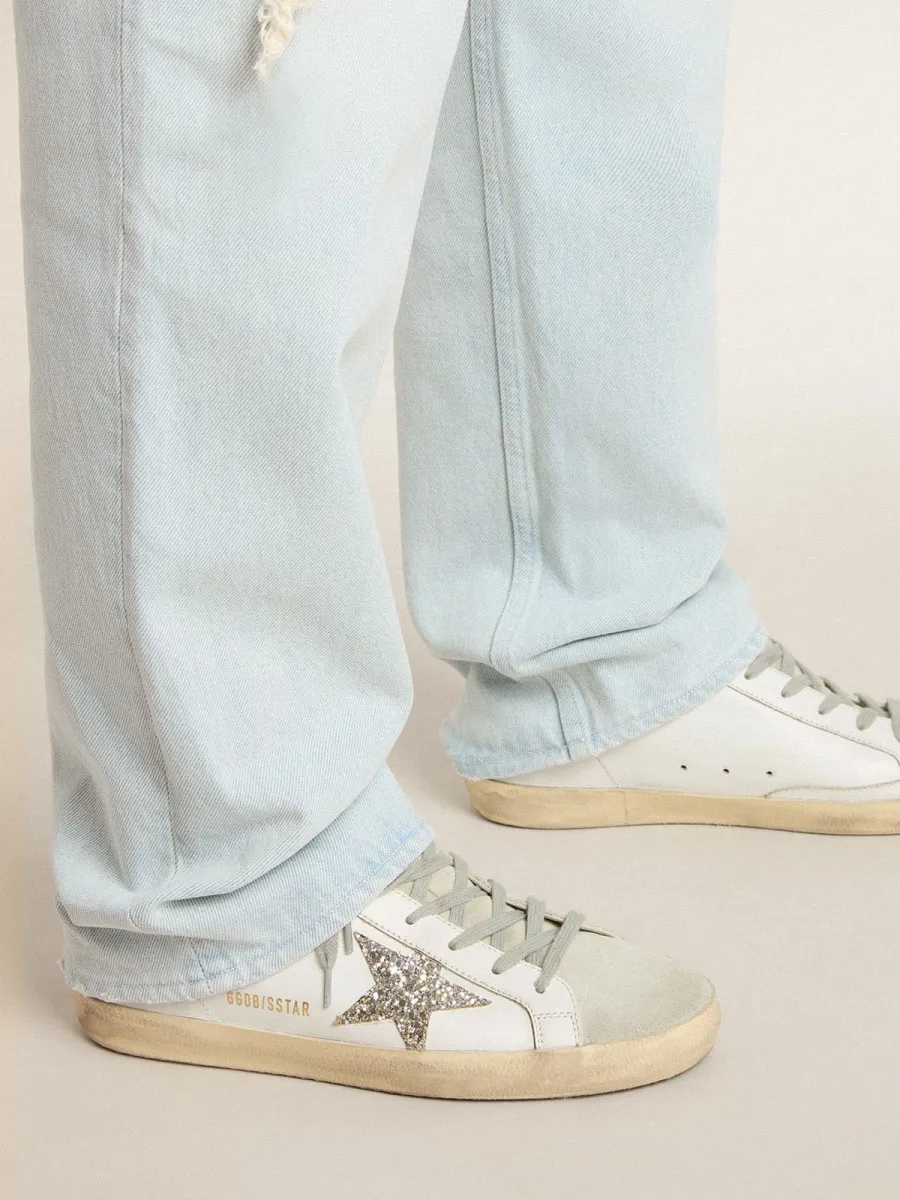 Super-Star Sabot con stella in glitter platino e linguetta in suede