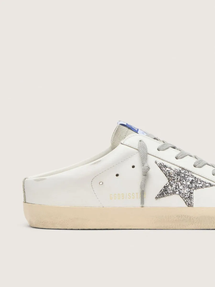 Super-Star Sabot con stella in glitter platino e linguetta in suede