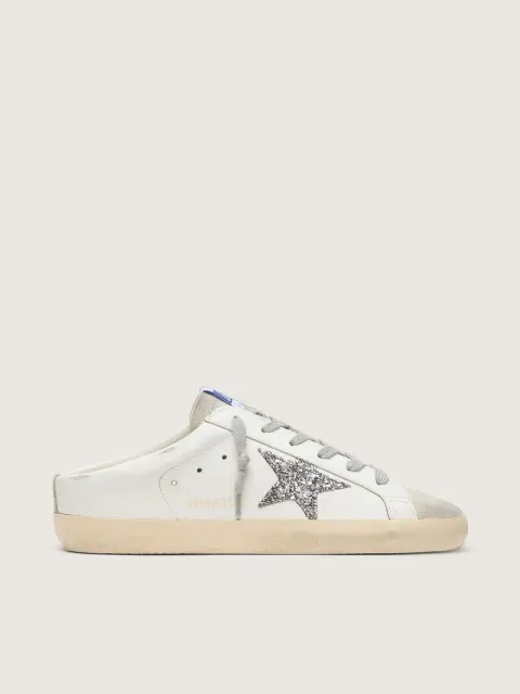 Super-Star Sabot con stella in glitter platino e linguetta in suede