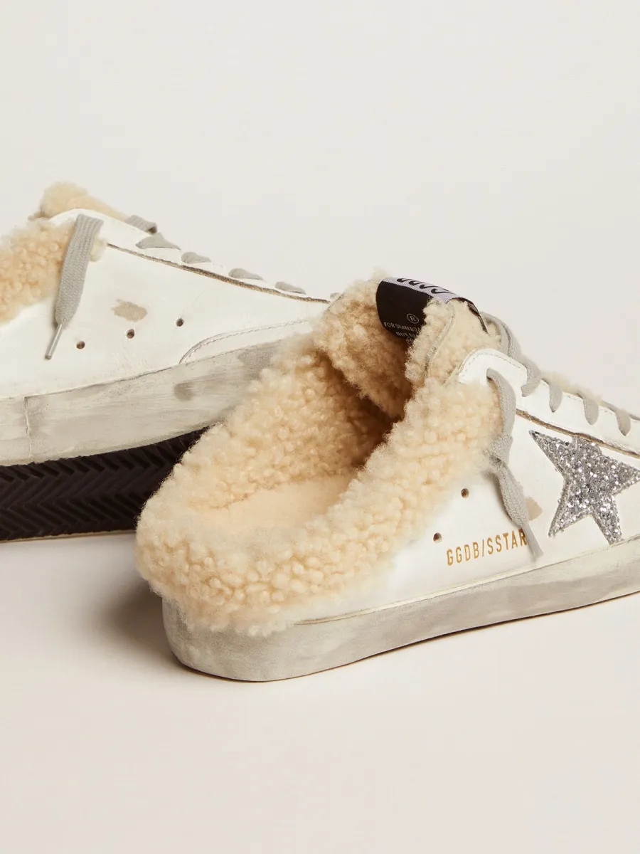 Super-Star Sabot Donna in pelle bianca e fodera in shearling