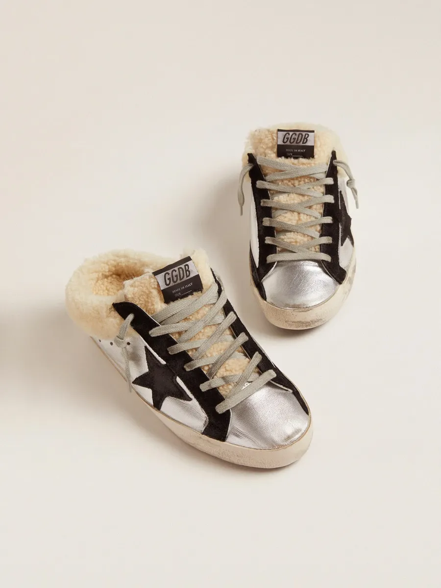 Super-Star Sabot Donna in pelle laminata argento con stella nera