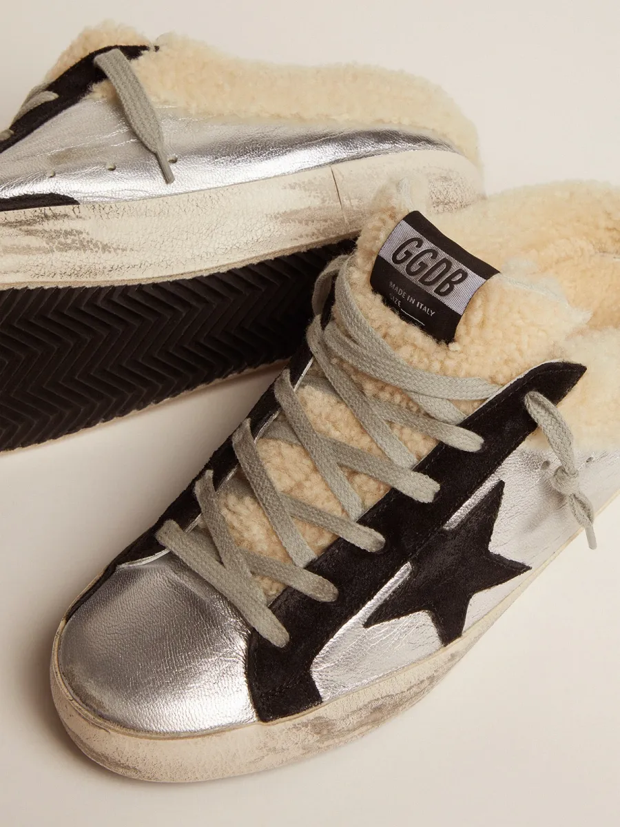 Super-Star Sabot Donna in pelle laminata argento con stella nera