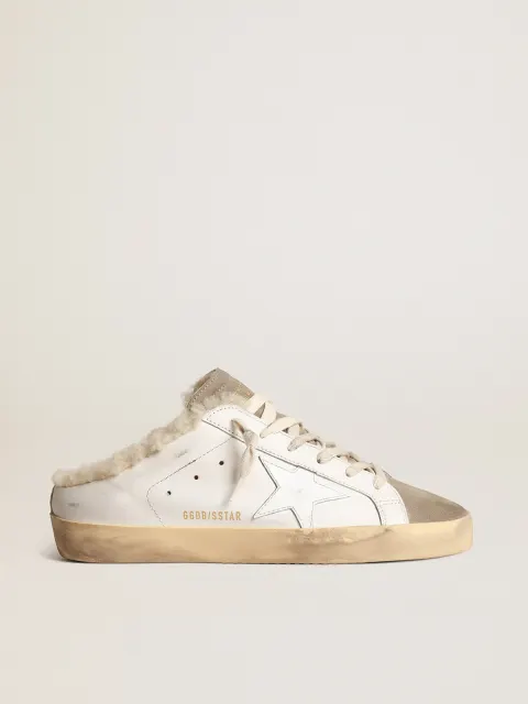 Super-Star Sabot con stella in pelle bianca e fodera in shearling