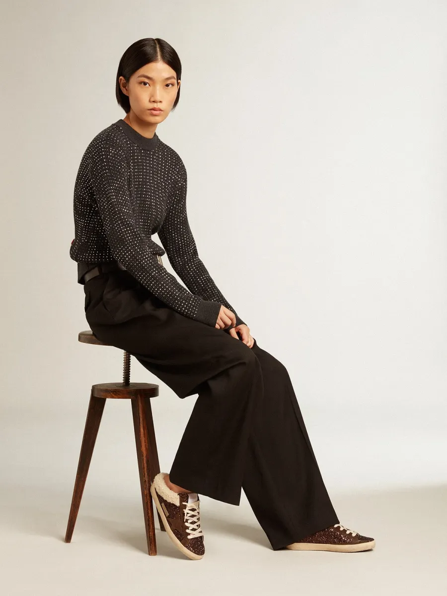 Super-Star Sabot in glitter con stella marrone e fodera in shearling