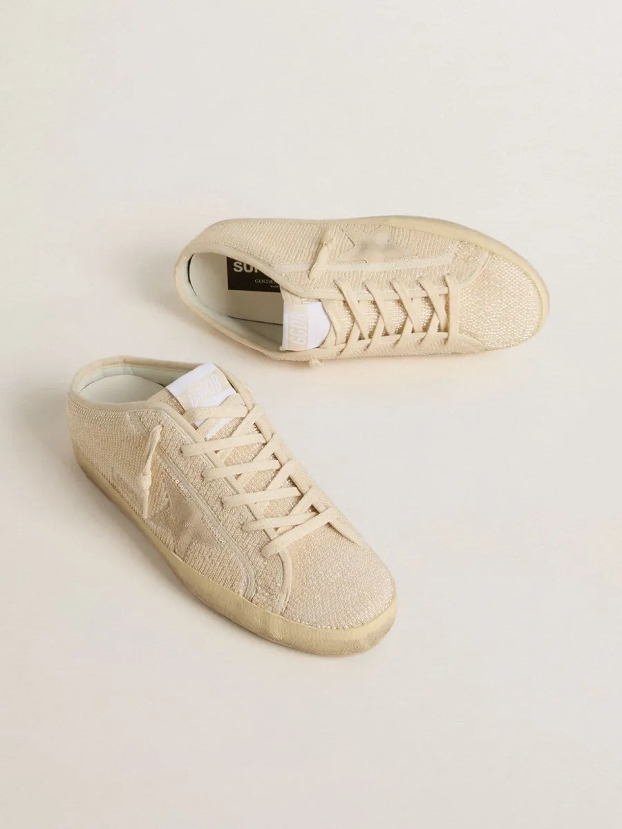Super-Star Sabot Donna in canvas beige con perline ricamate e stella in suede beige