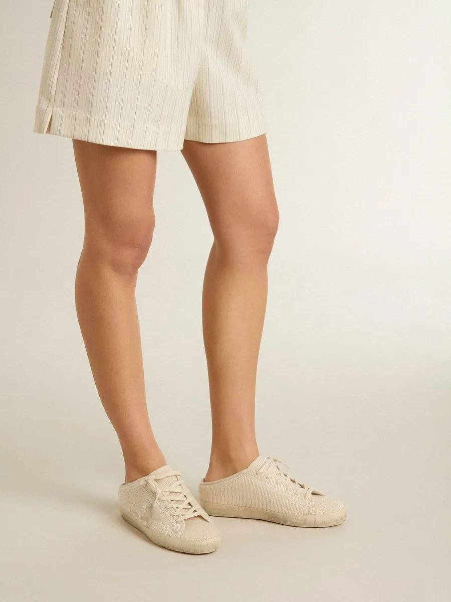 Super-Star Sabot Donna in canvas beige con perline ricamate e stella in suede beige