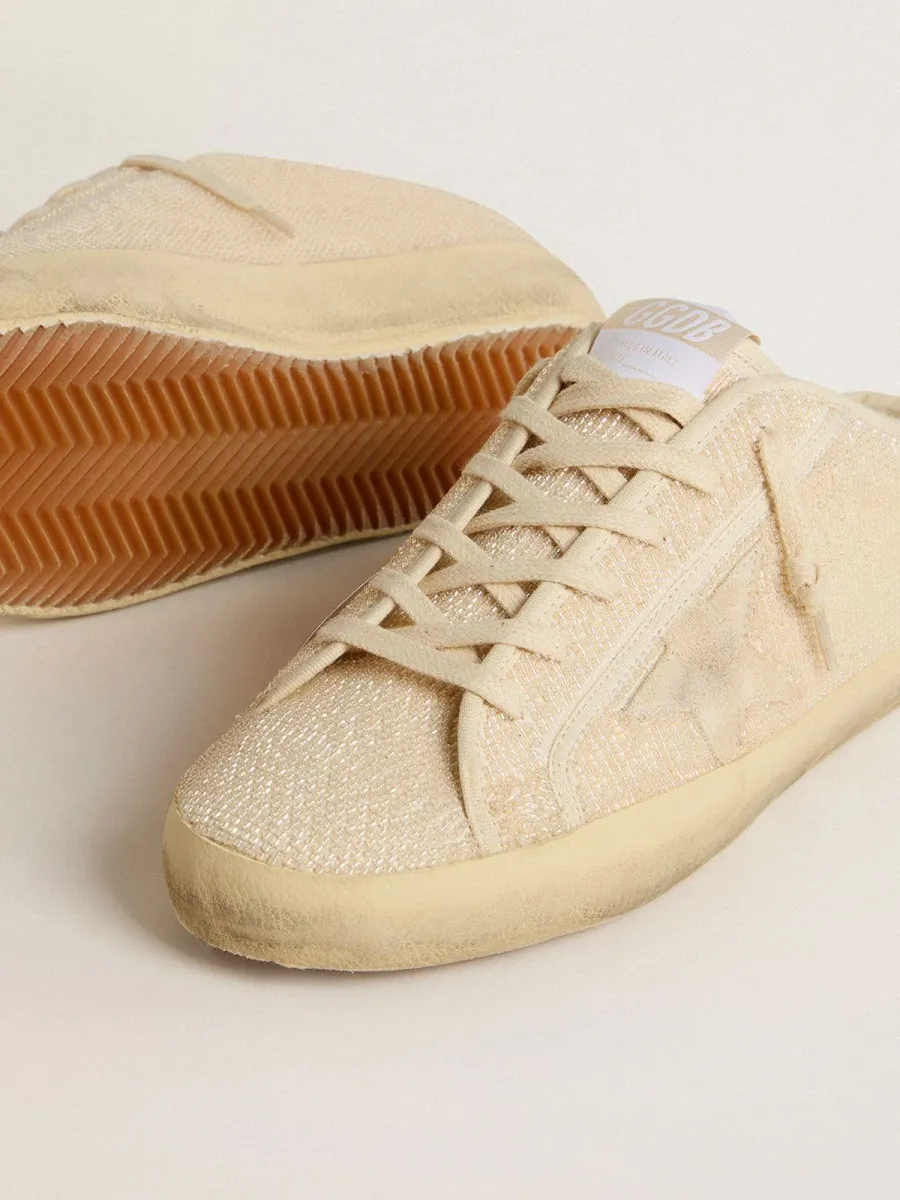 Super-Star Sabot Donna in canvas beige con perline ricamate e stella in suede beige