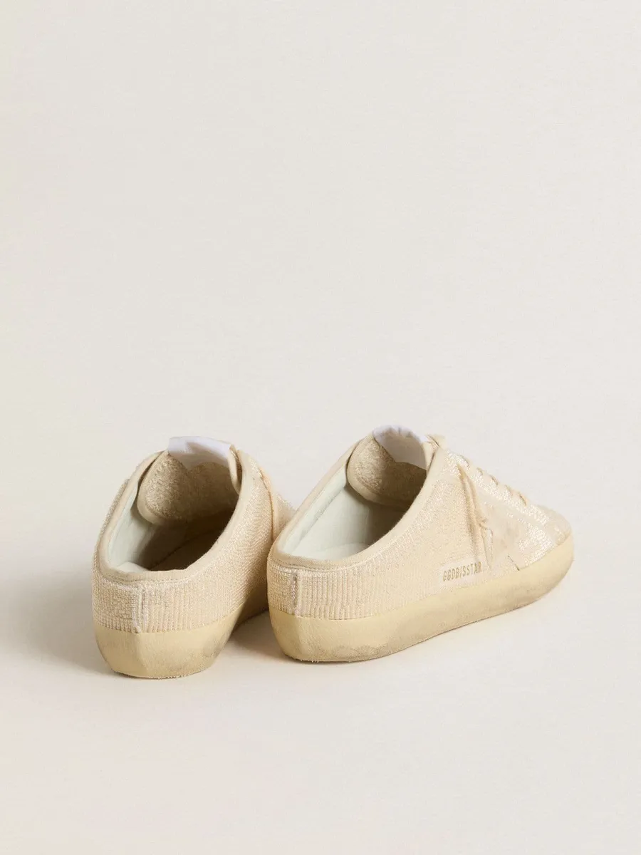 Super-Star Sabot Donna in canvas beige con perline ricamate e stella in suede beige