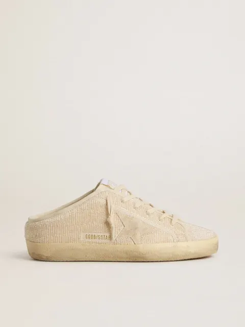 Super-Star Sabot Donna in canvas beige con perline ricamate e stella in suede beige