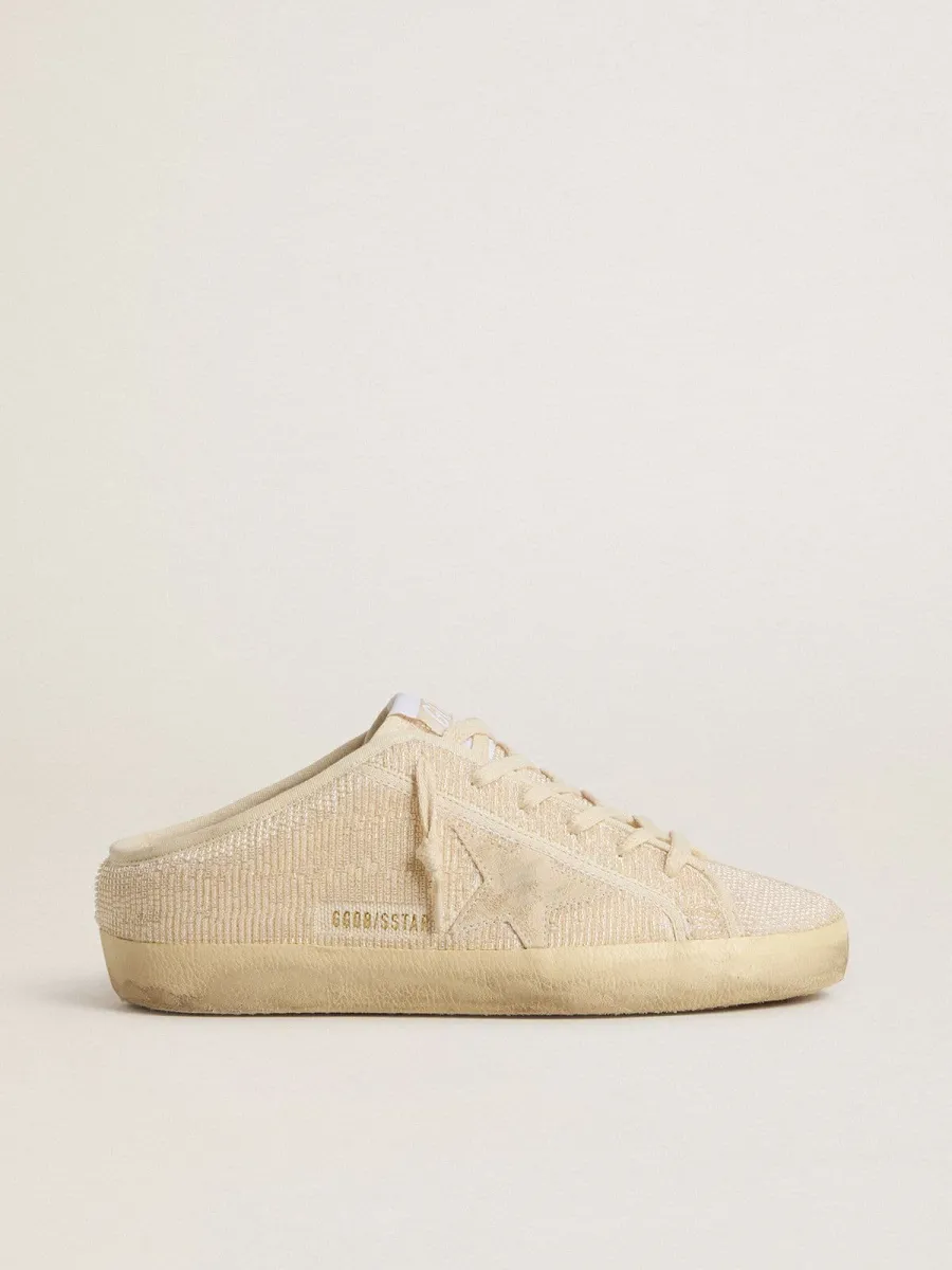 Super-Star Sabot Donna in canvas beige con perline ricamate e stella in suede beige