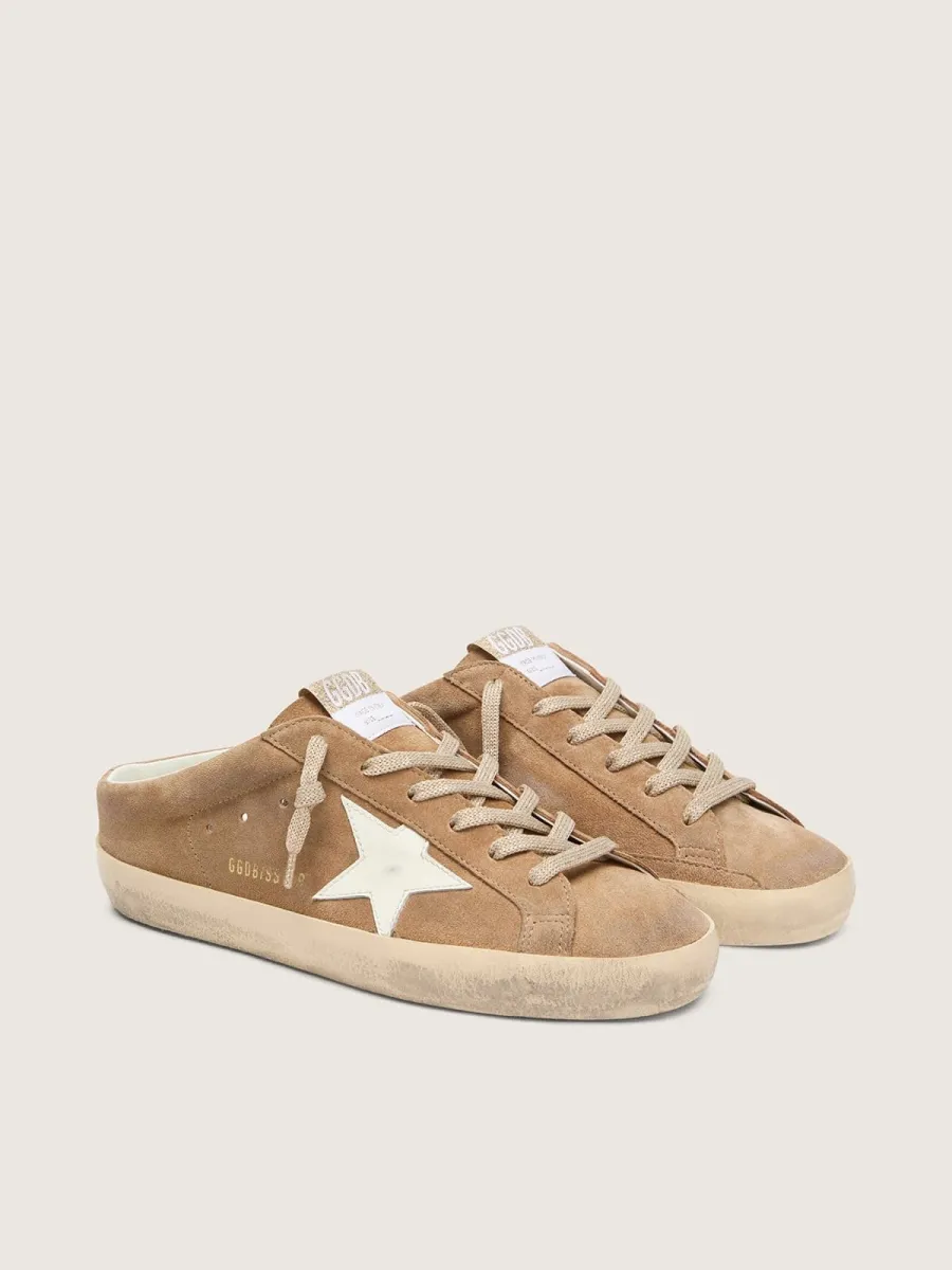 Super-Star Sabot donna in suede tabacco con stella in pelle bianca
