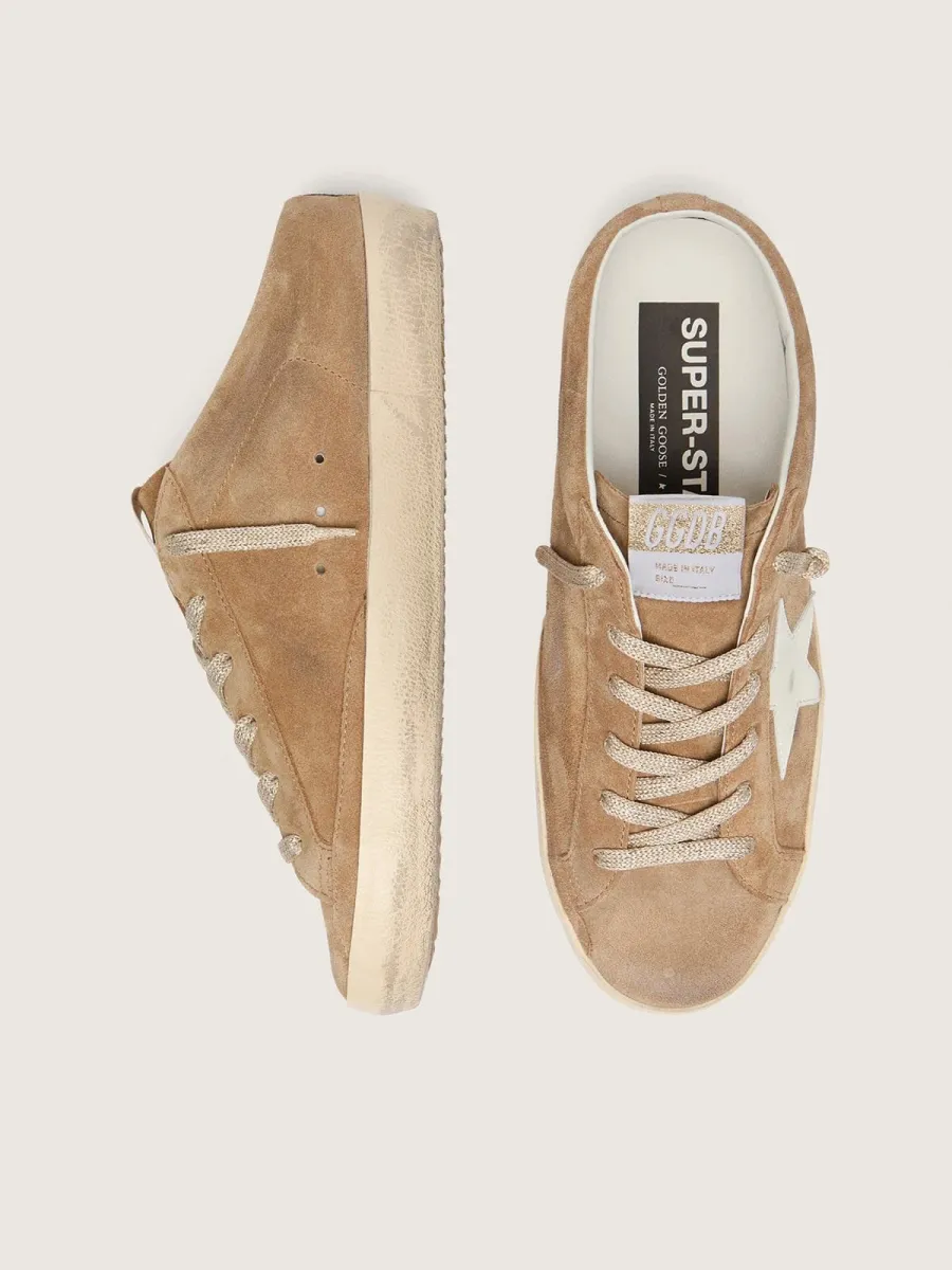 Super-Star Sabot donna in suede tabacco con stella in pelle bianca