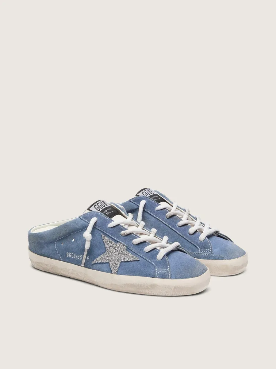 Super-Star Sabot donna in suede blu denim con stella glitter argento