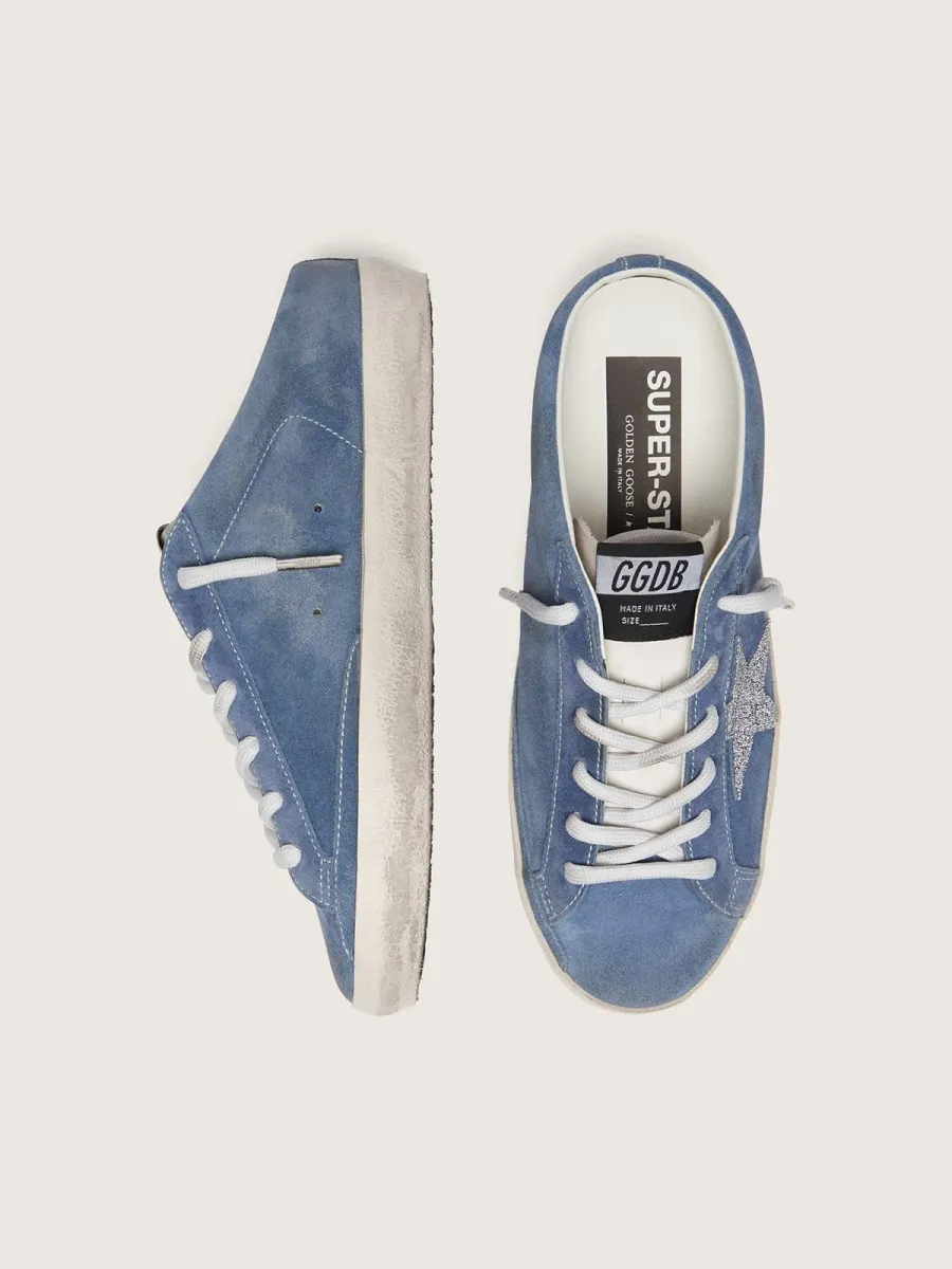 Super-Star Sabot donna in suede blu denim con stella glitter argento