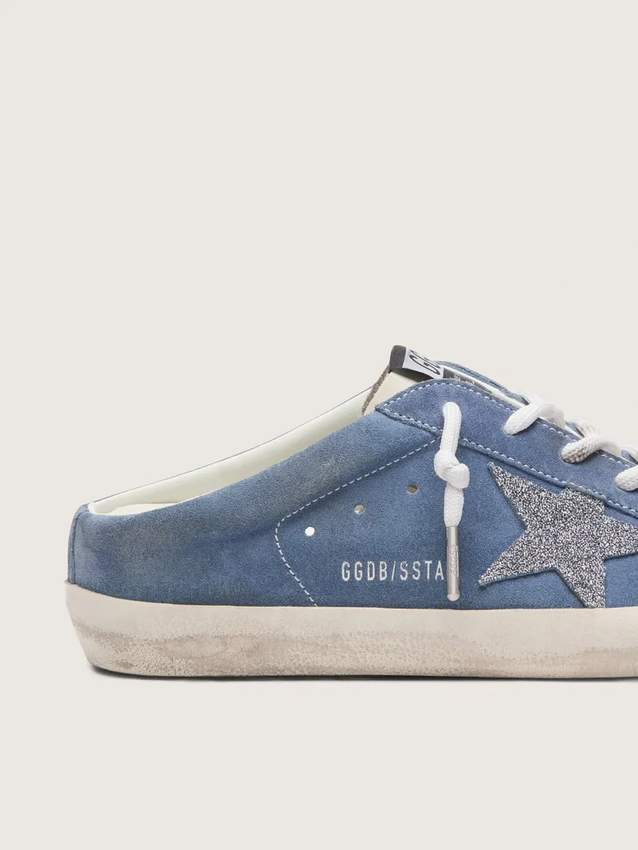 Super-Star Sabot donna in suede blu denim con stella glitter argento