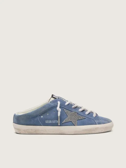 Super-Star Sabot donna in suede blu denim con stella glitter argento