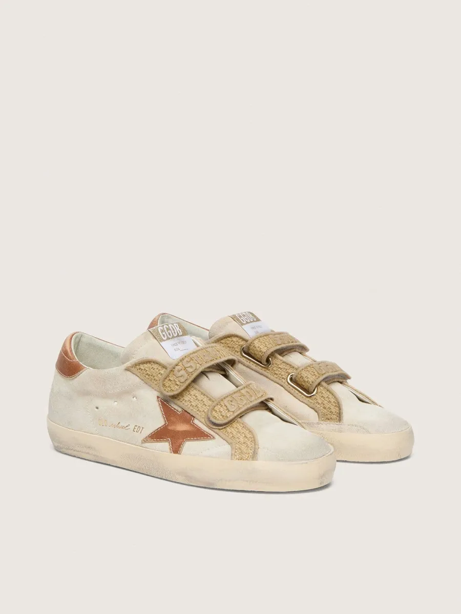 Old School donna in suede perla con stella in pelle mattone, e cinturino in rafia
