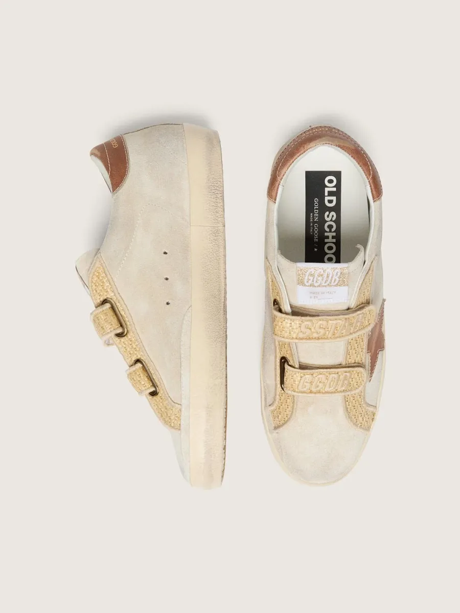 Old School donna in suede perla con stella in pelle mattone, e cinturino in rafia