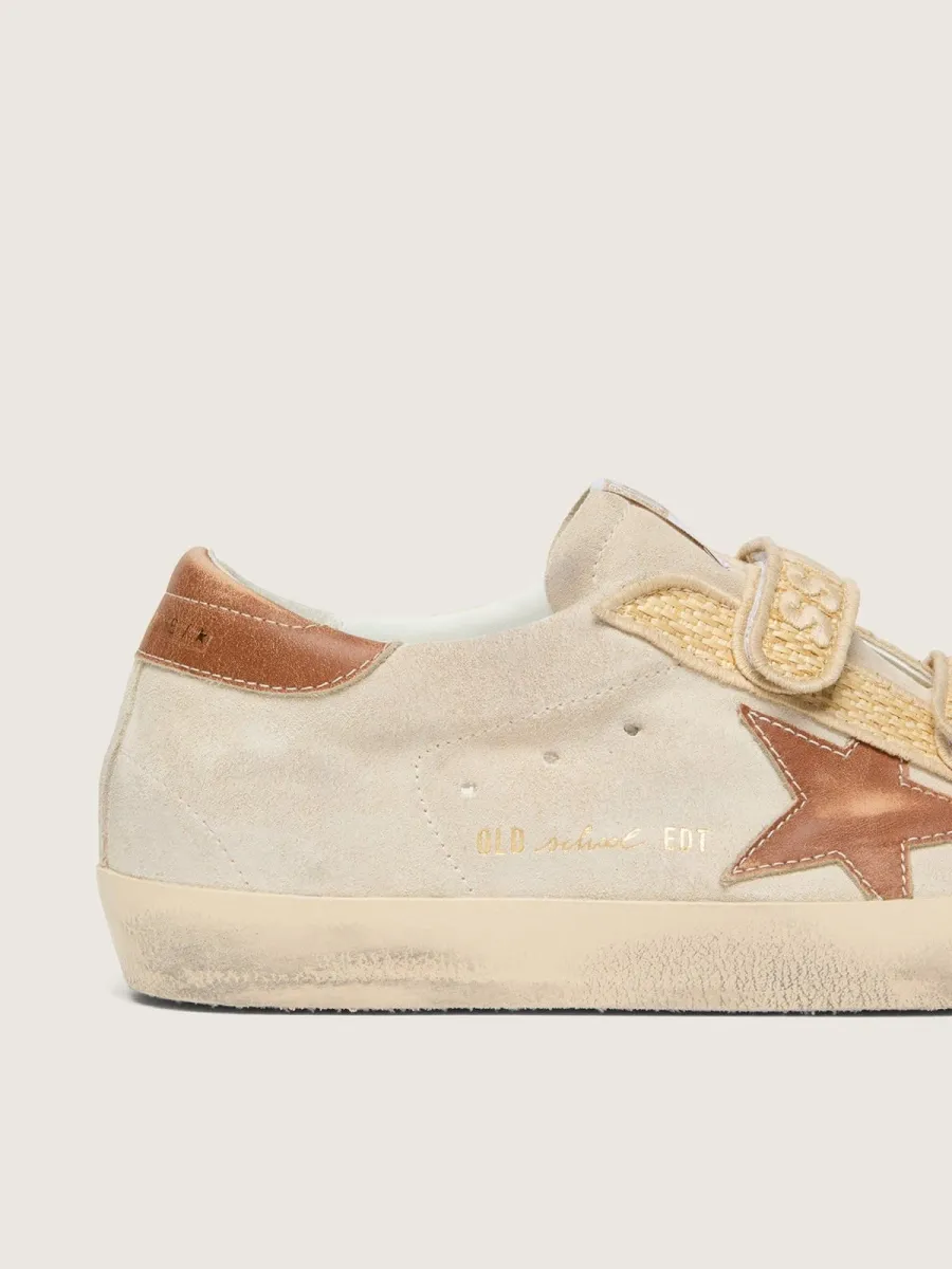 Old School donna in suede perla con stella in pelle mattone, e cinturino in rafia