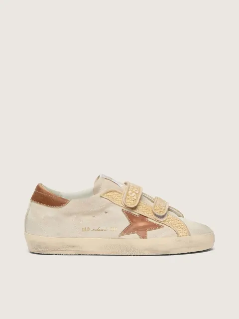 Old School donna in suede perla con stella in pelle mattone, e cinturino in rafia
