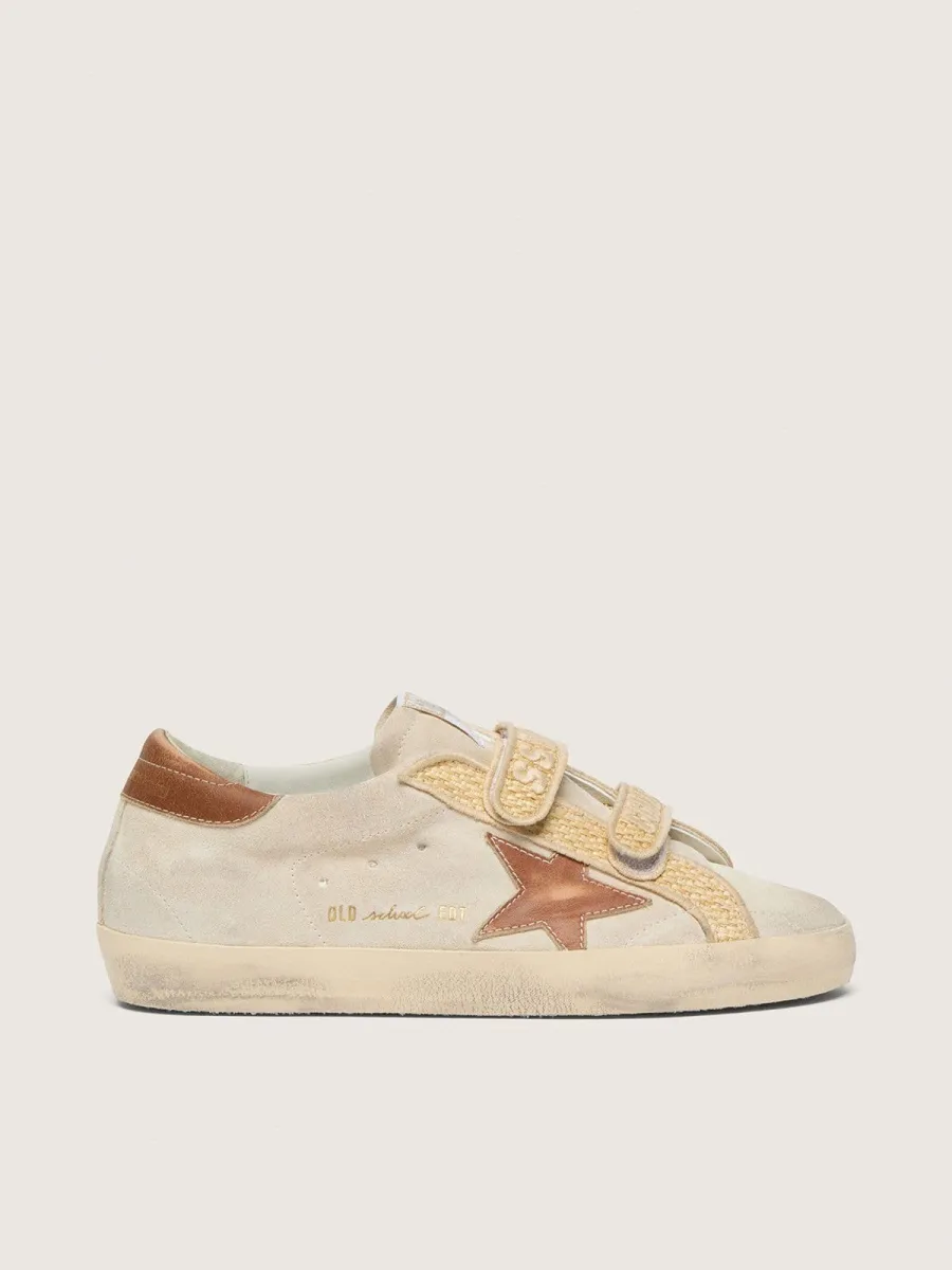 Old School donna in suede perla con stella in pelle mattone, e cinturino in rafia