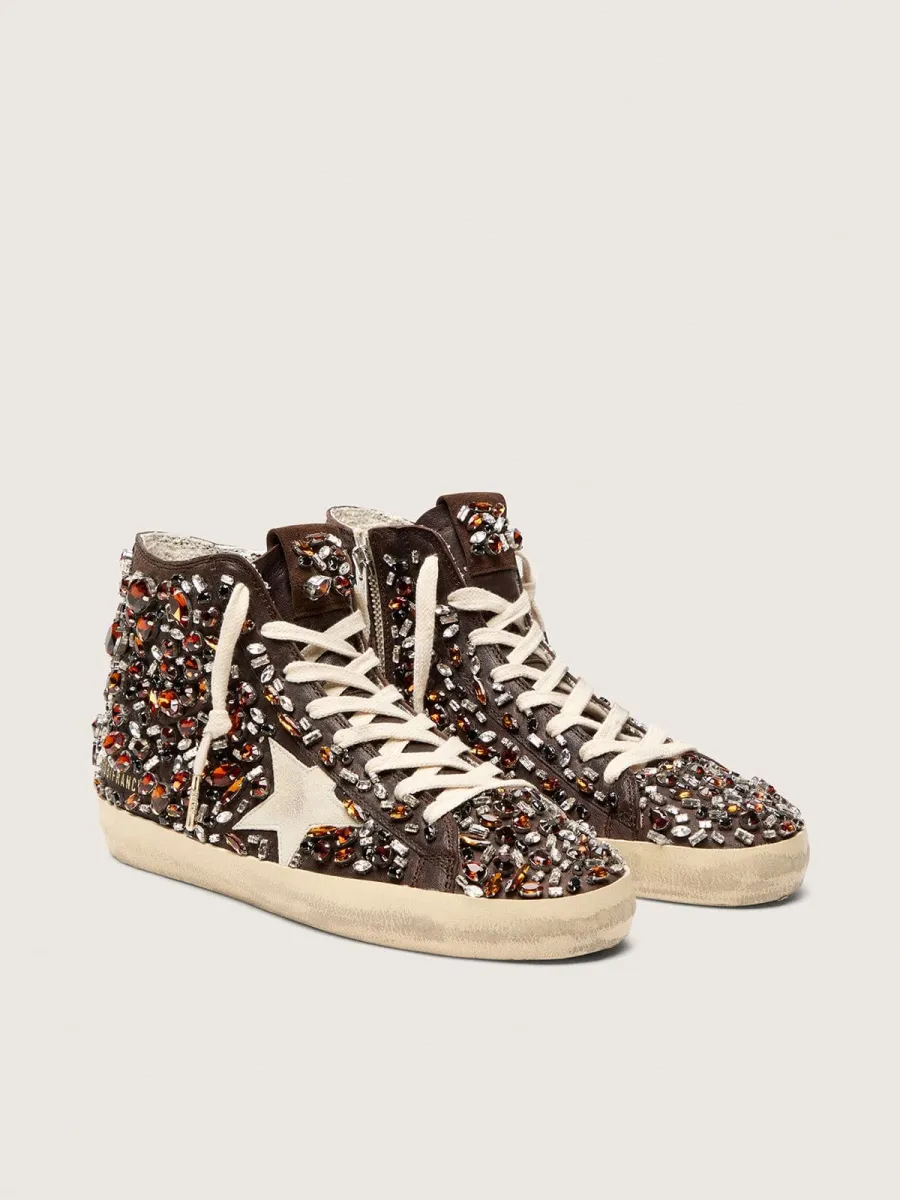 Francy Donna in pelle marrone scuro con strass multicolor e stella in suede bianco