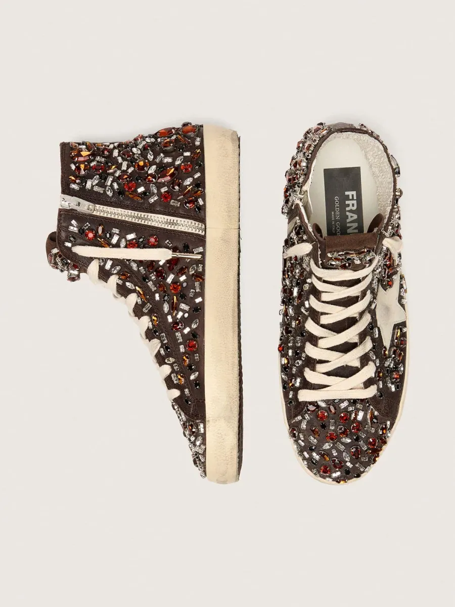 Francy Donna in pelle marrone scuro con strass multicolor e stella in suede bianco