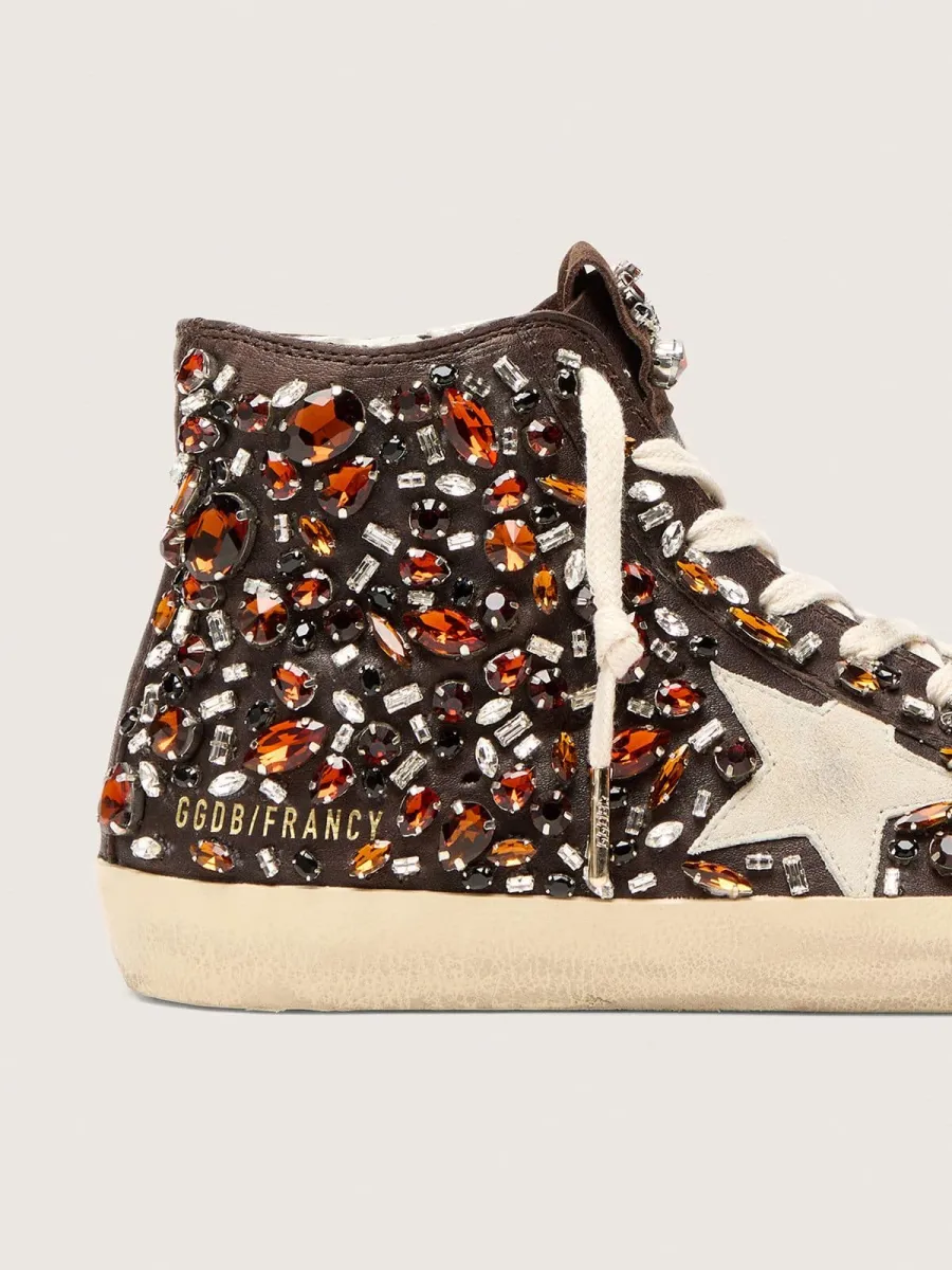 Francy Donna in pelle marrone scuro con strass multicolor e stella in suede bianco