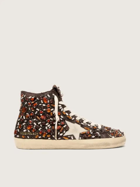 Francy Donna in pelle marrone scuro con strass multicolor e stella in suede bianco