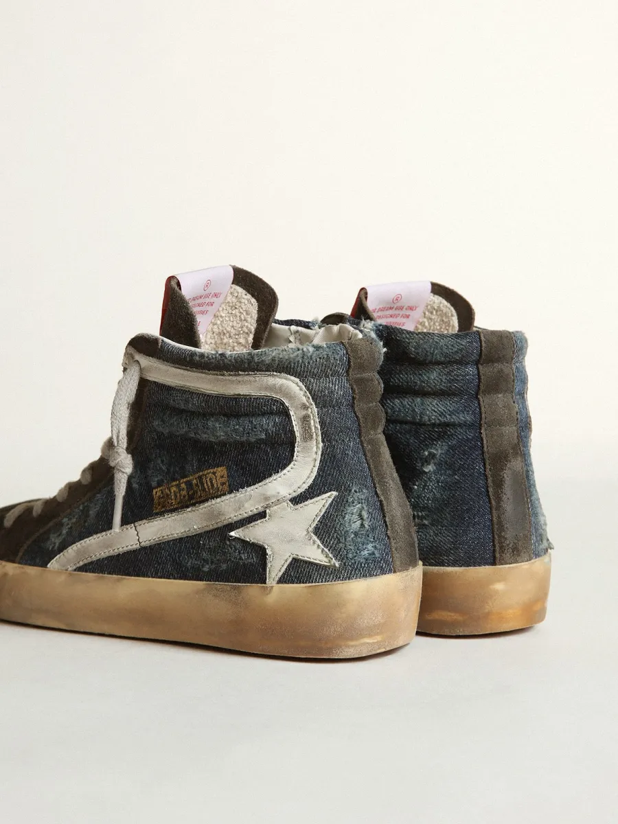 Slide in denim color blu notte con stella in pelle bianca