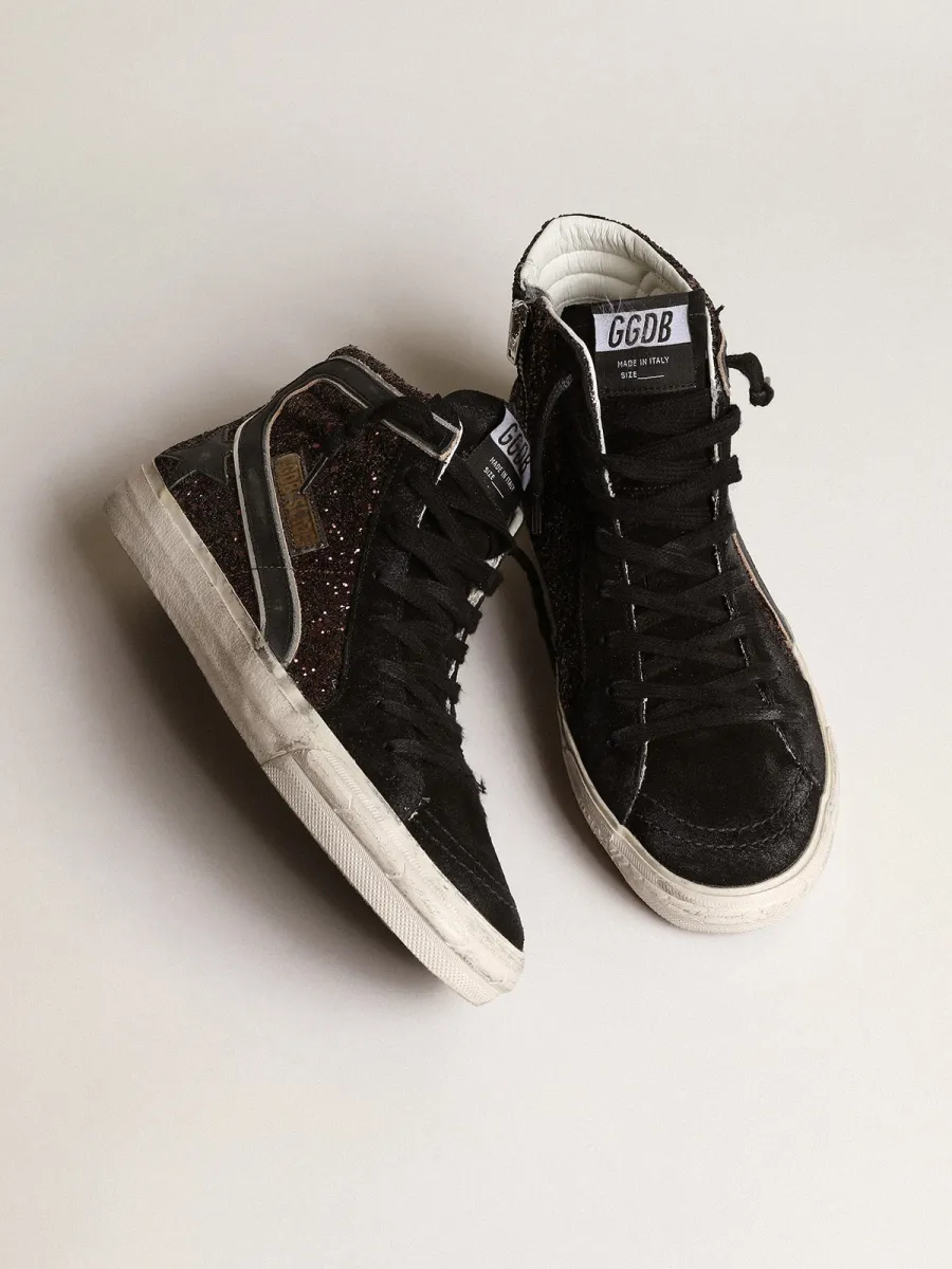 Slide in glitter marroni con stella e virgola in pelle nera