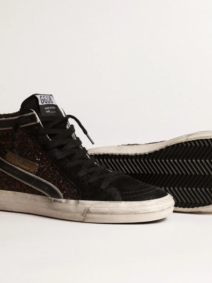 Slide in glitter marroni con stella e virgola in pelle nera