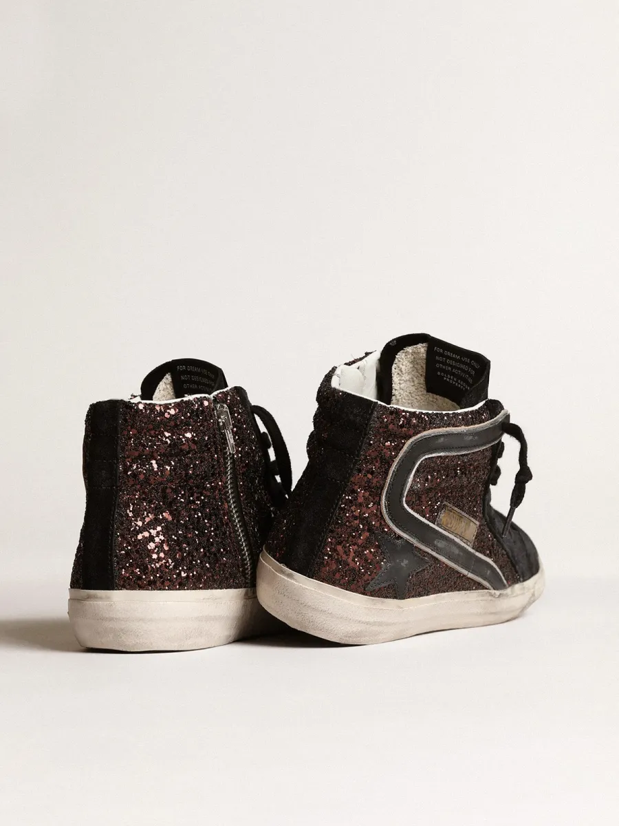 Slide in glitter marroni con stella e virgola in pelle nera