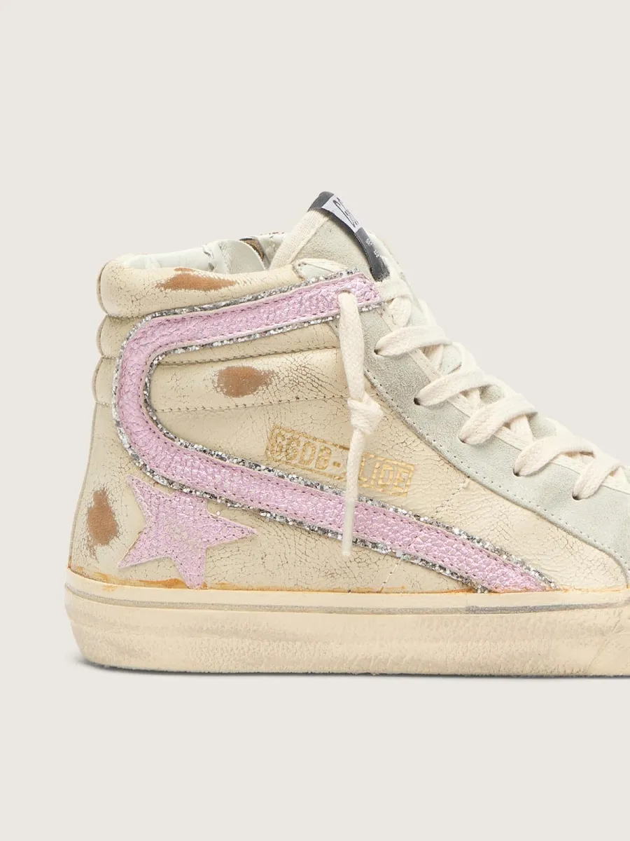 Slide  beige con stella e virgola in pelle laminata rosa