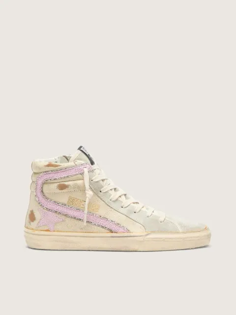 Slide  beige con stella e virgola in pelle laminata rosa