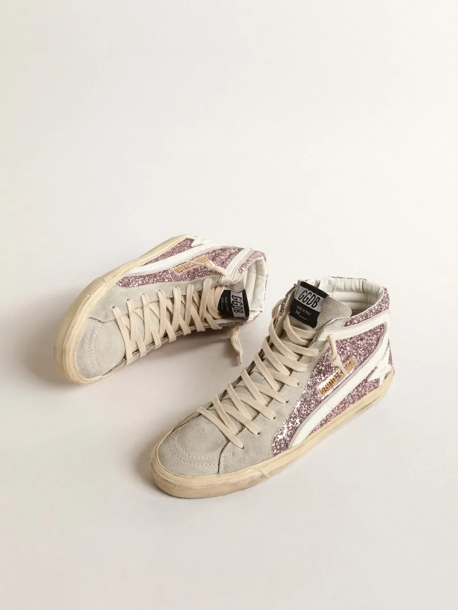 Slide in glitter lilla con stella e virgola in pelle bianca